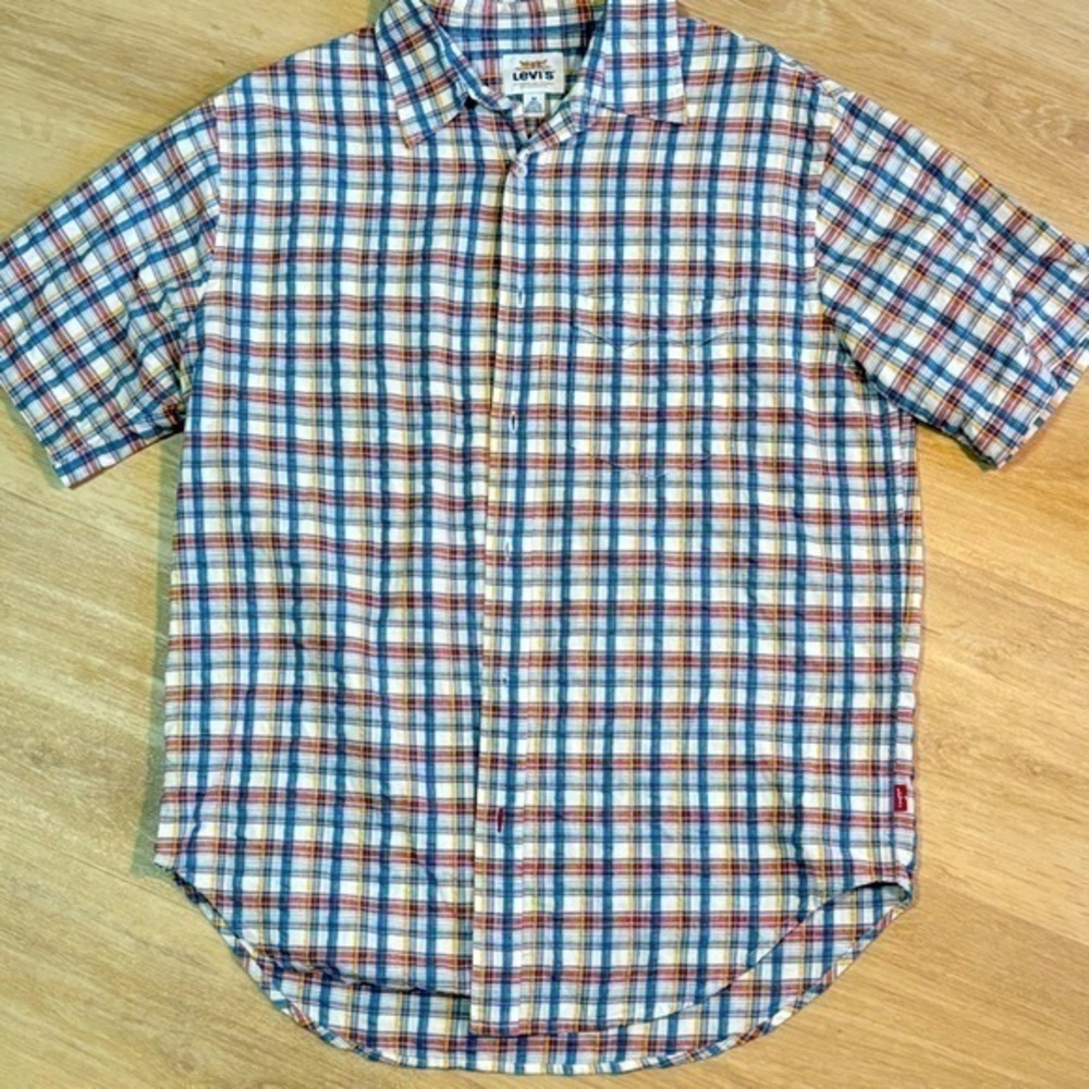Vintage Levis Mens Button Up‎ Shirt size Medium Short Sleeve White Plaid Cotton